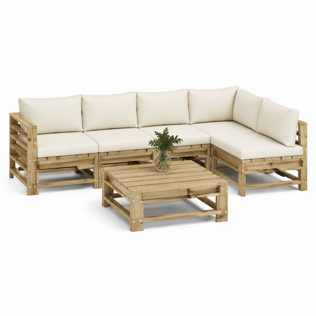 Salotto da giardino angolare 5 pezzi in legno massello di pino naturale con cuscini crema 280 x 140 x 67 cm