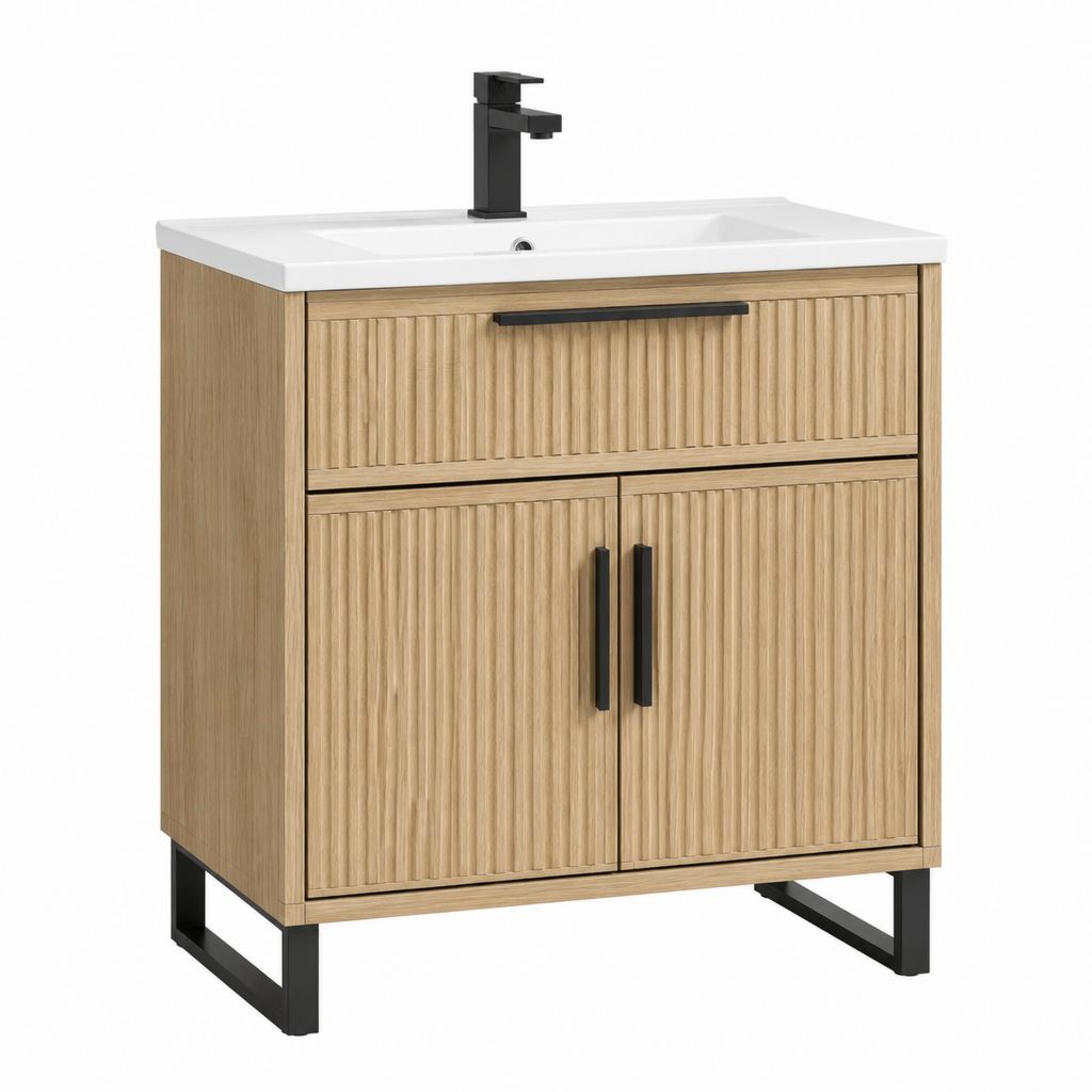 Mobile bagno con lavabo in ceramica rovere naturale 60 x 46 x 85 cm