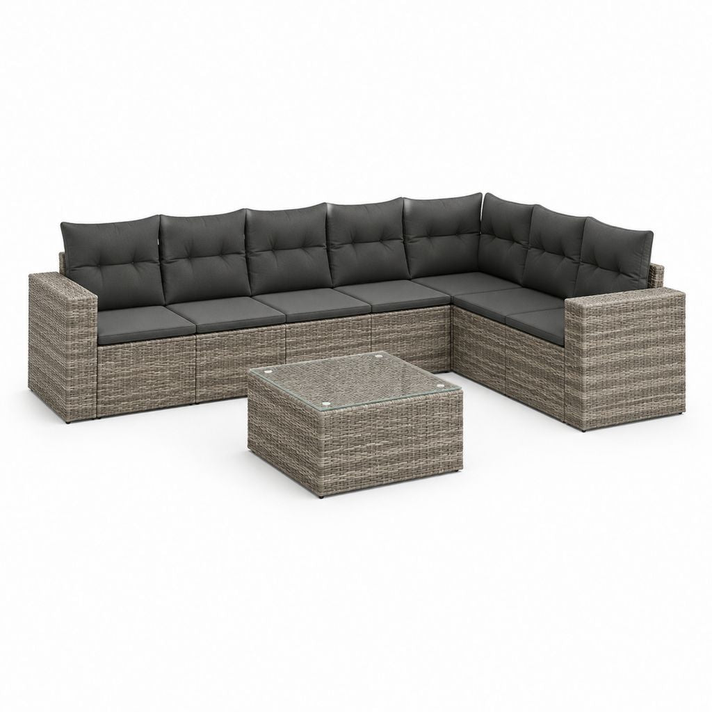 Set divano da giardino angolare 6 posti grigio in rattan PE con tavolino 220 x 180 cm