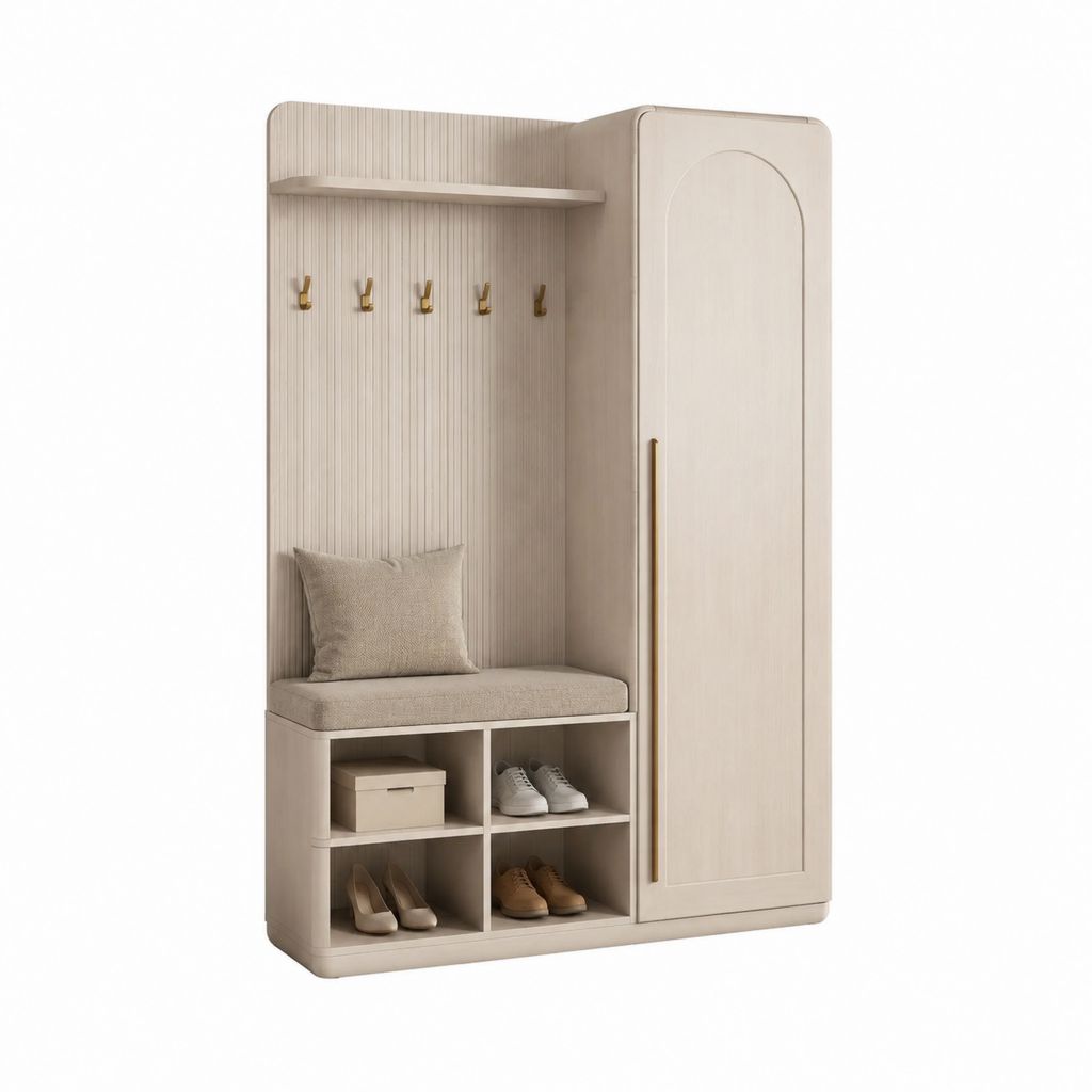 Mobile da ingresso con appendiabiti panca scarpiera e armadio beige in MDF 120 x 40 x 160 cm