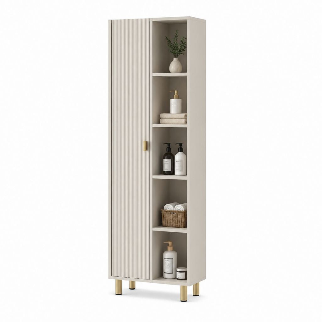 Colonna bagno con anta e 5 ripiani aperti beige in MDF 40 x 30 x 180 cm