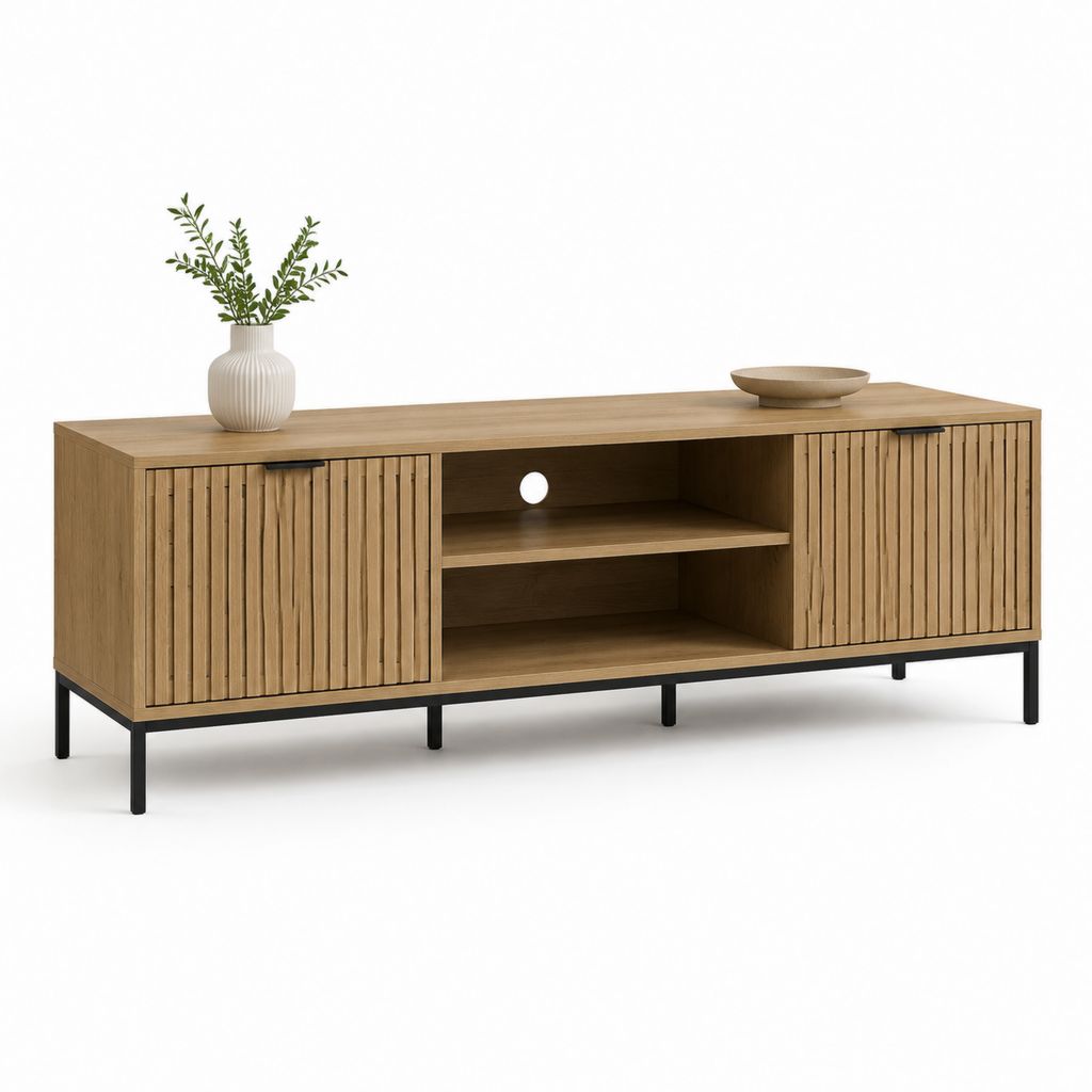 Mobile TV rettangolare rovere naturale in MDF impiallacciato 160 x 40 x 60 cm con 2 ante e ripiani