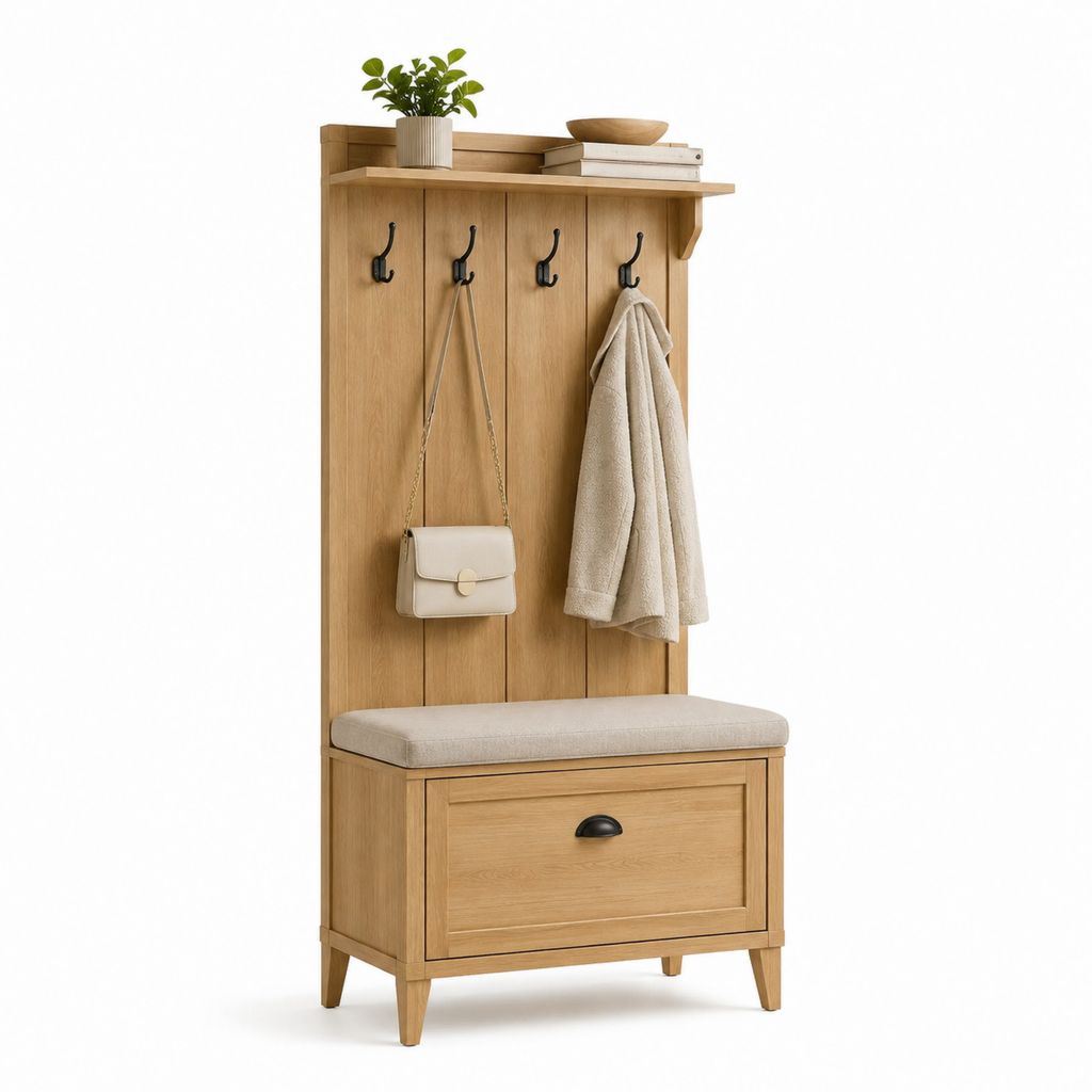 Mobile da ingresso con appendiabiti e panca rettangolare rovere MDF 80 x 40 x 180 cm