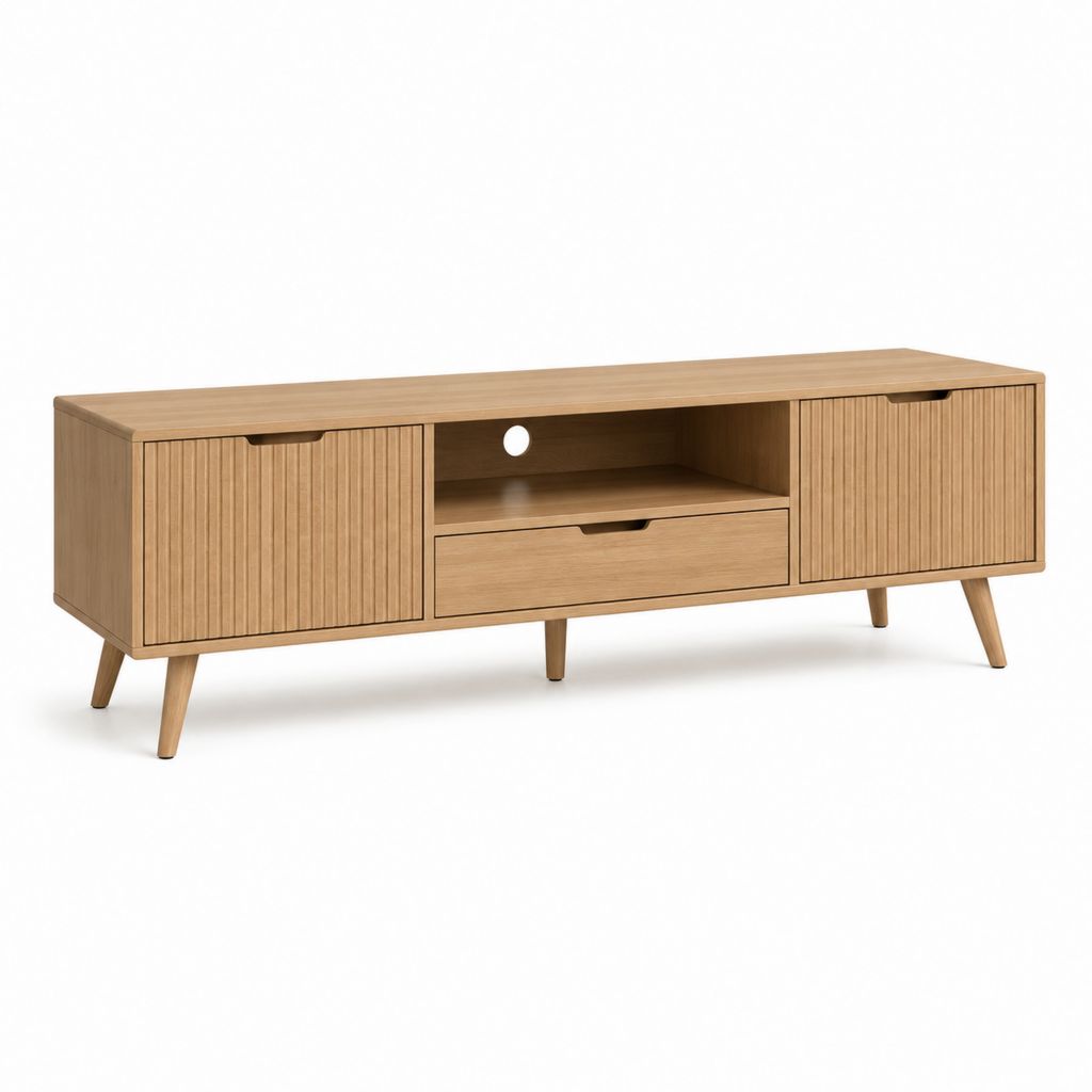 Mobile TV rettangolare rovere naturale in MDF impiallacciato con ante scanalate 160 x 40 x 55 cm
