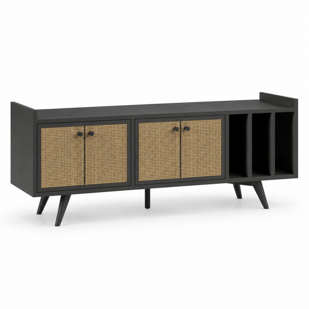 Mobile TV con 4 ante nero in MDF e rattan rettangolare 180 x 40 x 70 cm