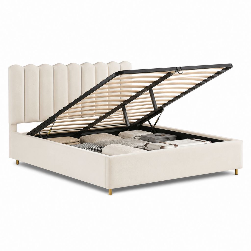 Letto contenitore matrimoniale beige in poliestere con rete a doghe 160 x 200 cm