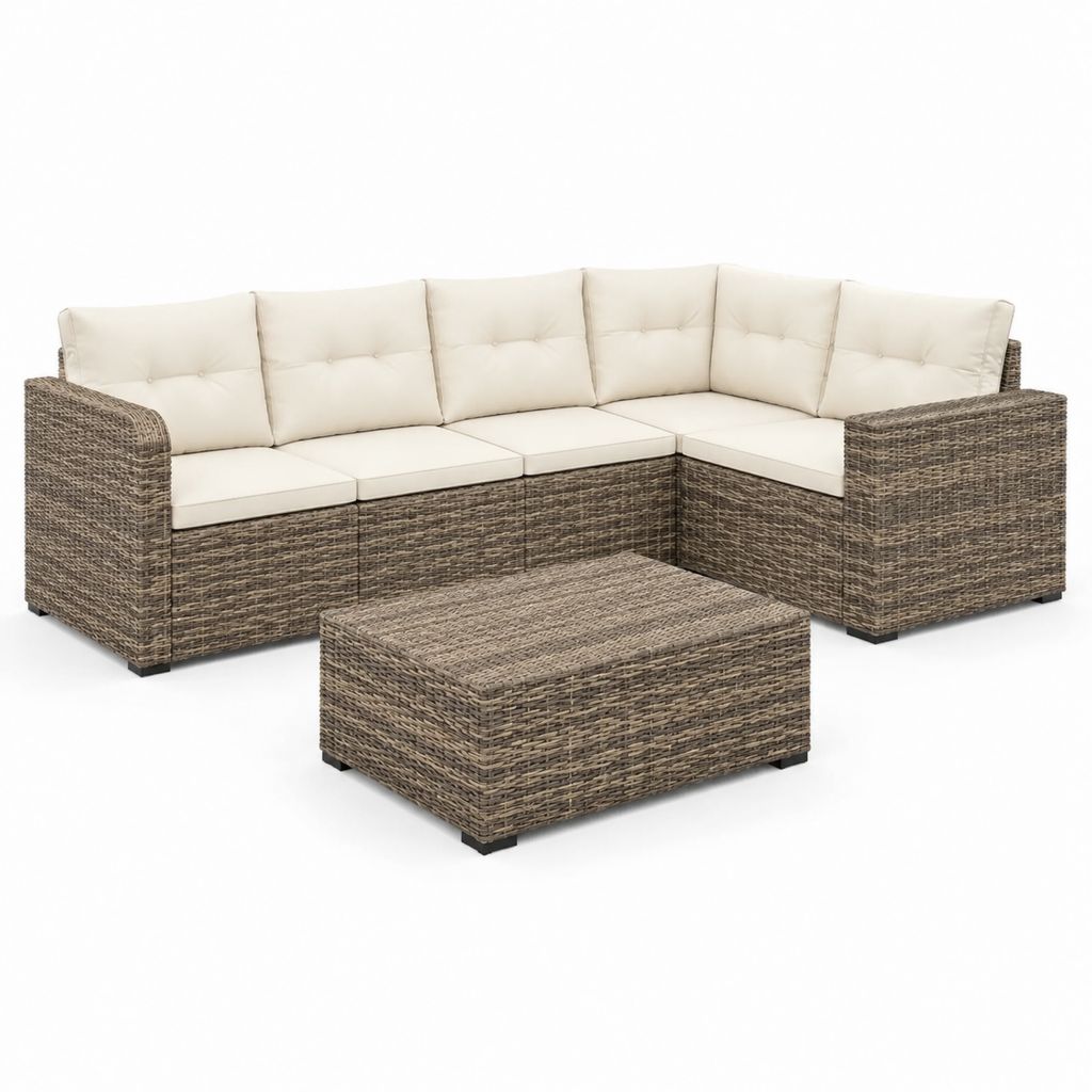 Set divano da giardino angolare 5 pezzi marrone in rattan PE con cuscini crema 280 x 210 x 63 cm
