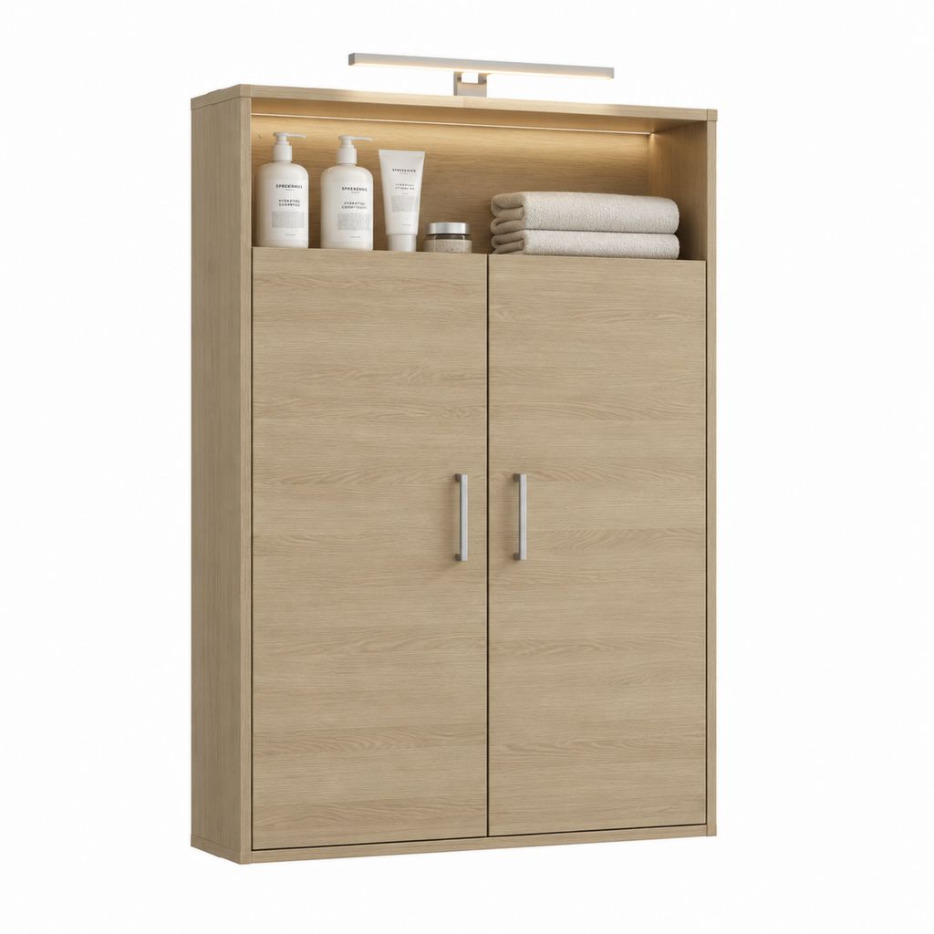 Armadio bagno 80 x 35 x 120 cm rovere in MDF con 2 ante vano a giorno e luce LED