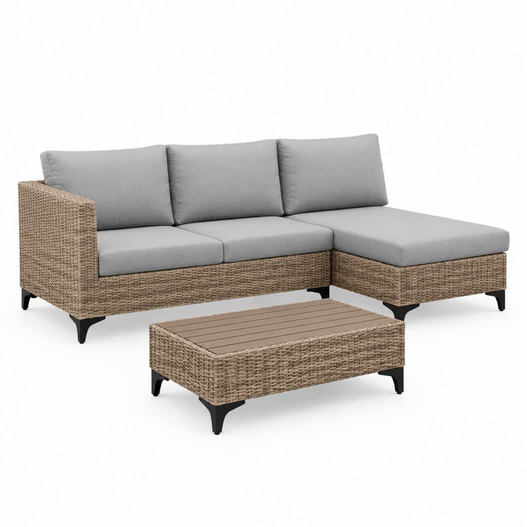 Set divano angolare da giardino 3 pezzi grigio e beige in rattan PE con tavolino rettangolare 198 x 140 x 78 cm