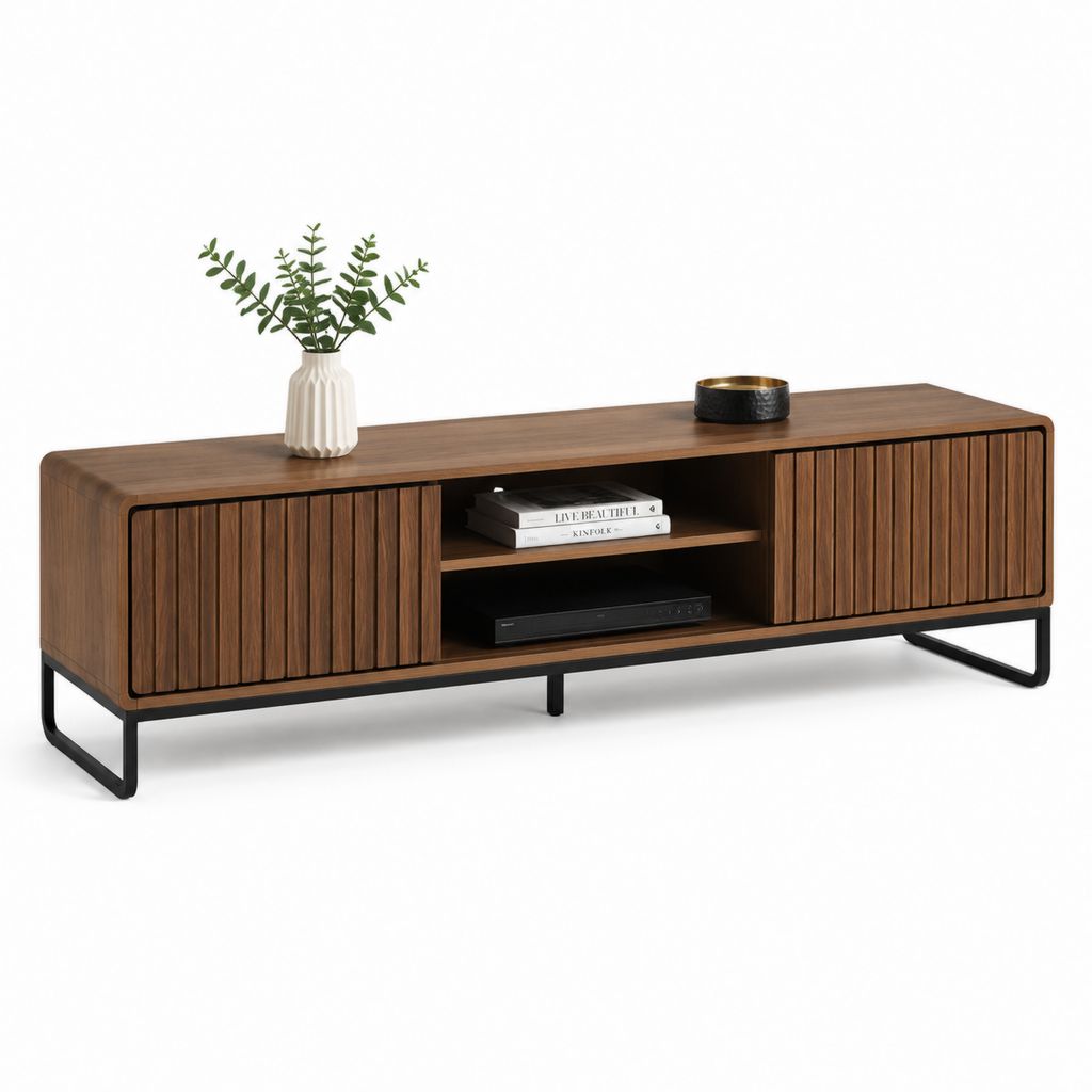 Mobile porta TV in noce MDF e acciaio nero con ante scorrevoli 160 x 40 x 55 cm