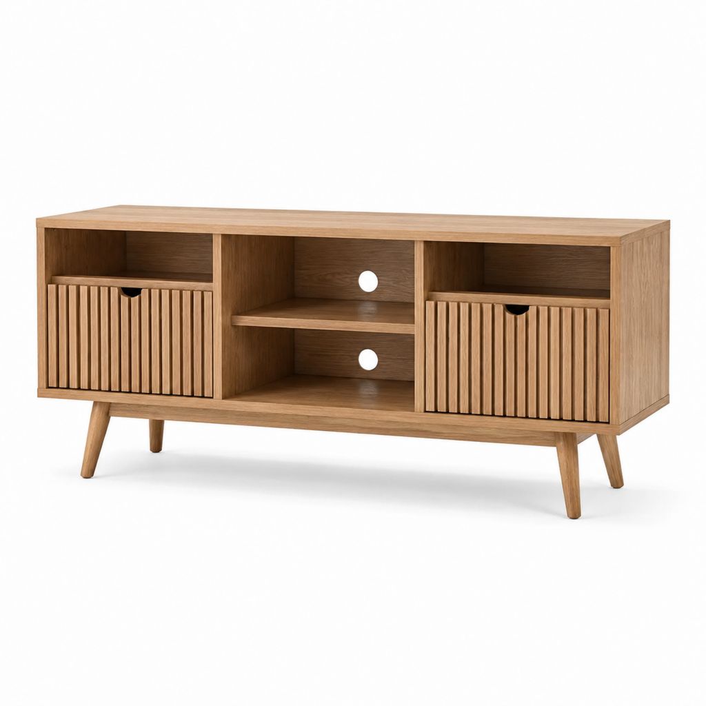 Mobile TV rettangolare in MDF impiallacciato rovere naturale con 2 ante scanalate 140 x 40 x 60 cm