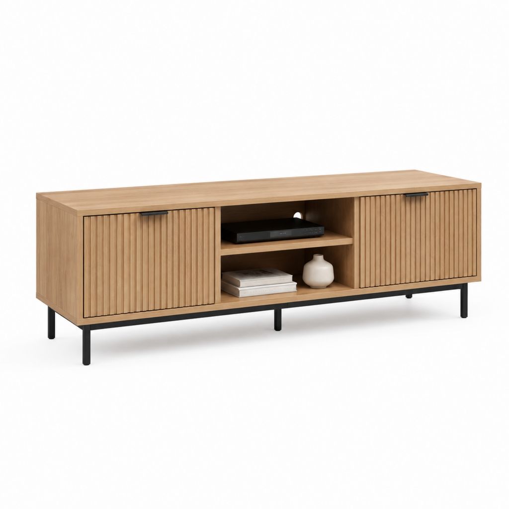 Mobile TV basso rovere con ante scanalate e ripiani aperti 180 x 40 x 60 cm