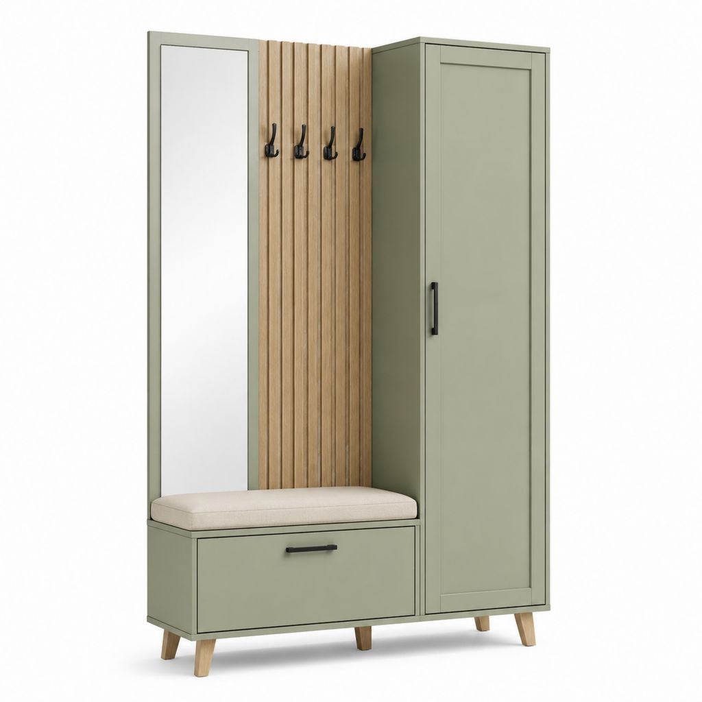 Mobile da ingresso con specchio appendiabiti armadio e panca verde salvia e rovere 120 x 40 x 190 cm