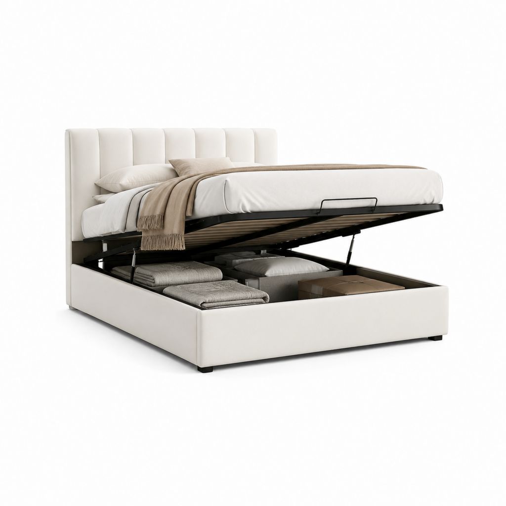 Letto contenitore matrimoniale imbottito bianco in poliestere rettangolare 160 x 200 cm