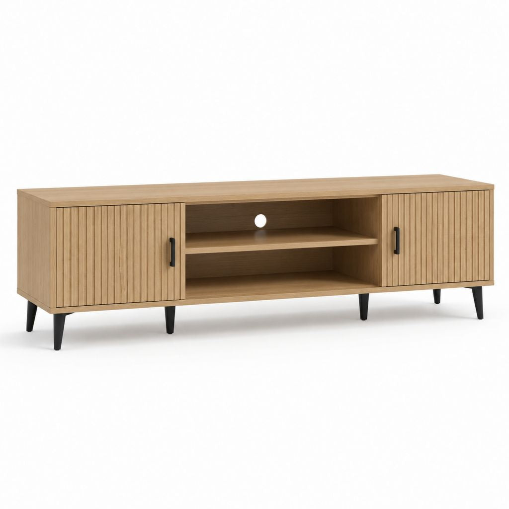 Mobile porta TV in MDF rovere chiaro con ante scanalate 180 x 40 x 60 cm