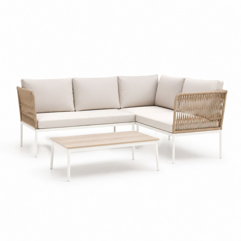 Set divano da giardino angolare con tavolino beige in alluminio e corda PE 220 x 160 x 75 cm