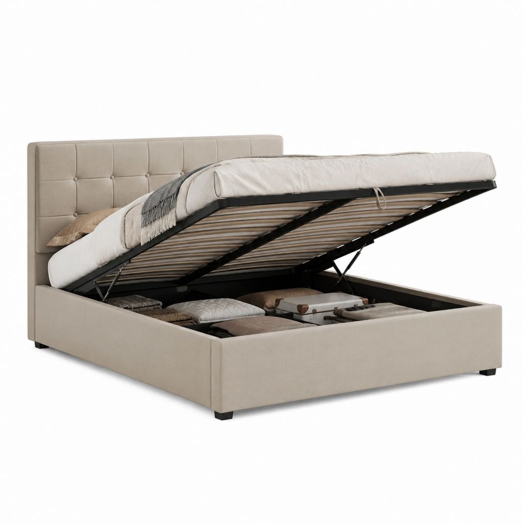 Letto contenitore matrimoniale beige in poliestere con testiera imbottita 160 x 200 cm