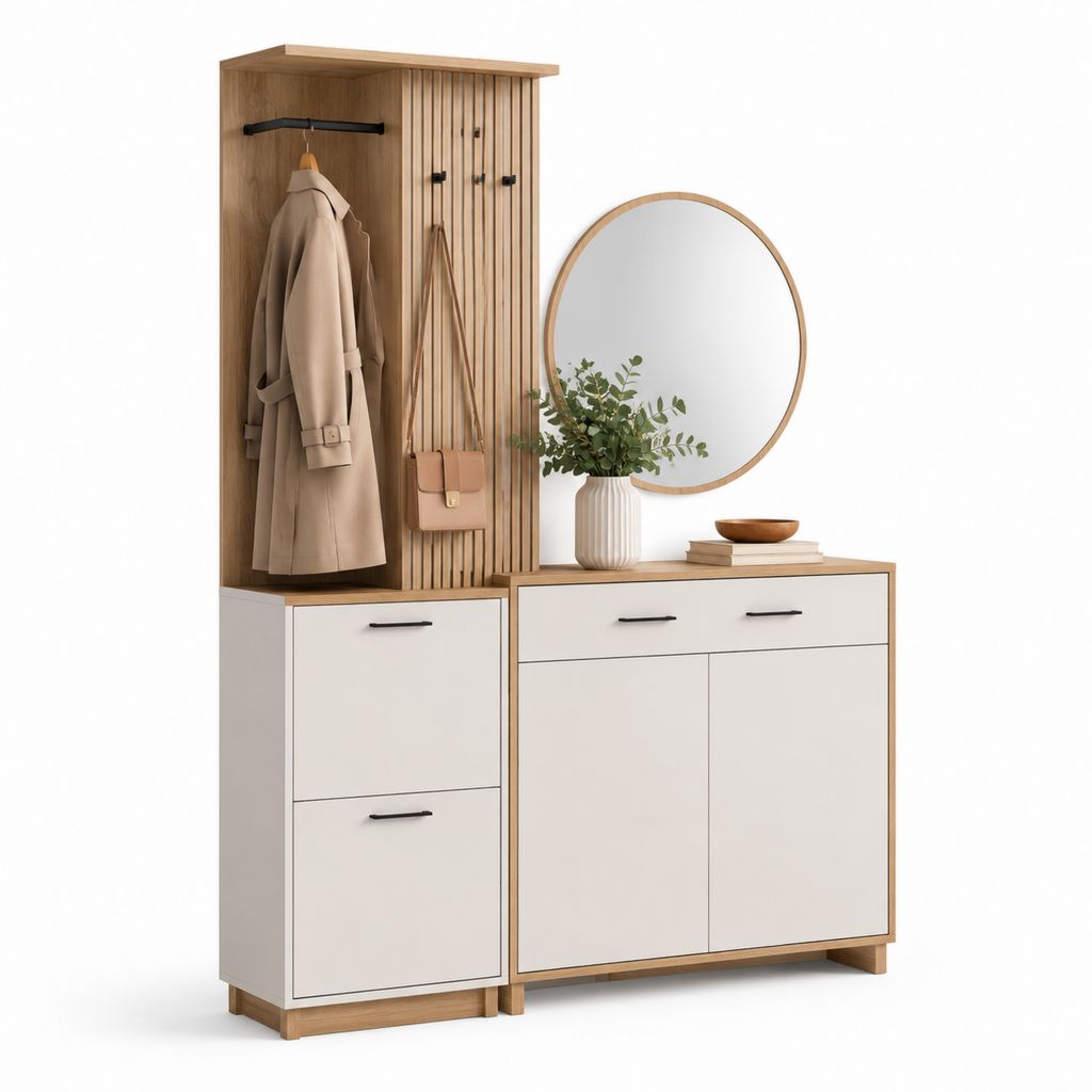 Set mobili ingresso con appendiabiti e scarpiera bianco rovere in MDF 80 x 40 x 200 cm e 120 x 40 x 90 cm