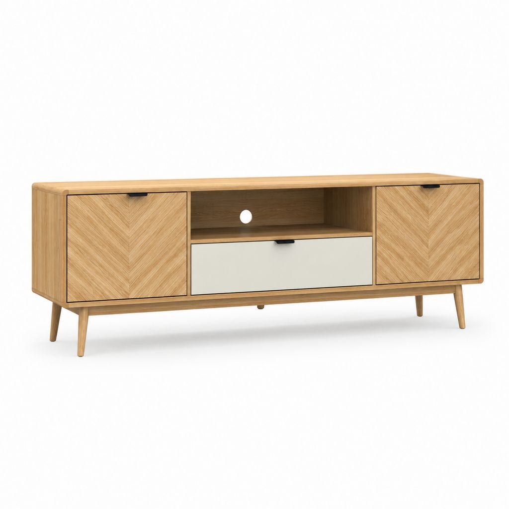 Mobile TV basso rettangolare rovere naturale e bianco in MDF impiallacciato 160 x 40 x 60 cm