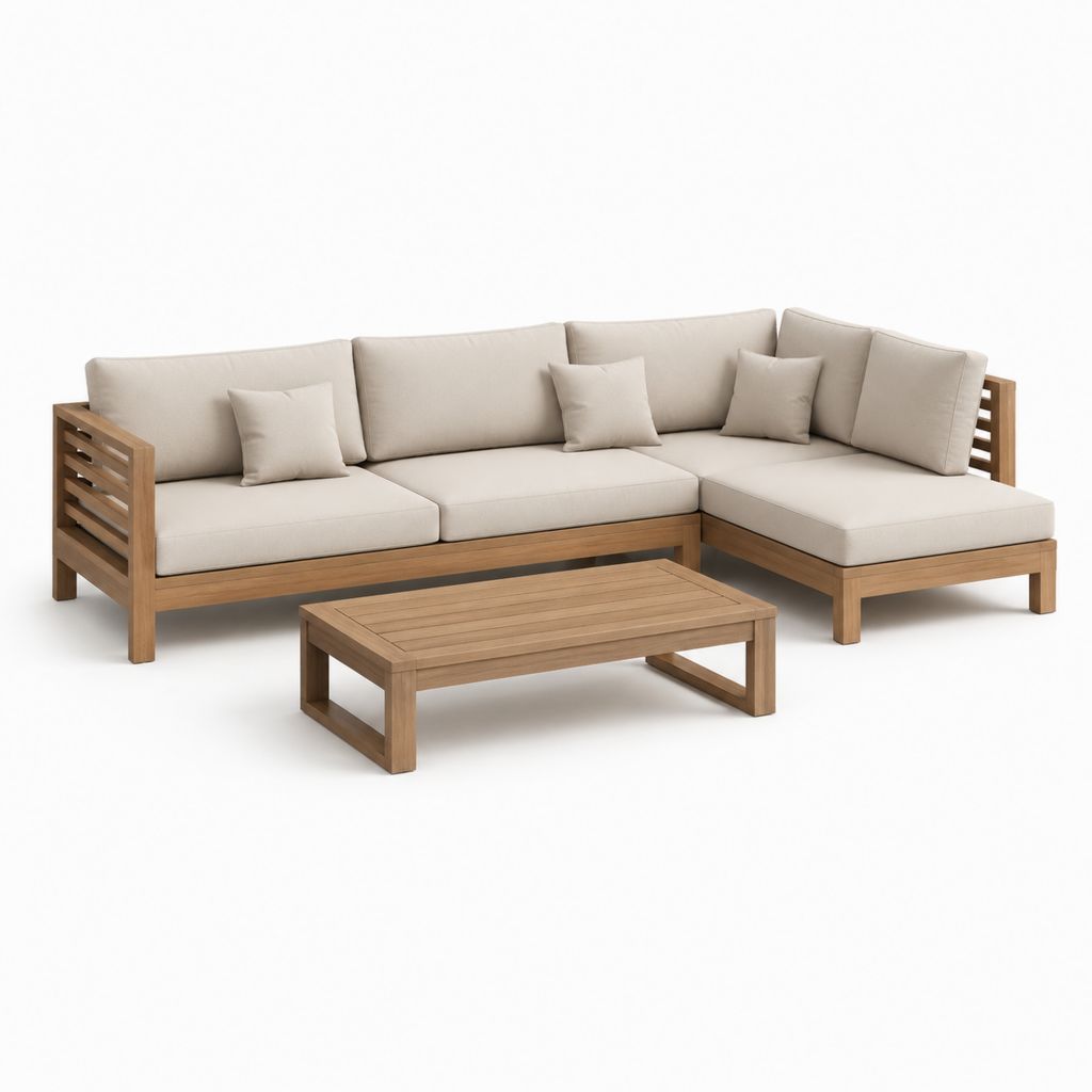 Set divano da giardino angolare con tavolino beige in legno massello di acacia 250 x 180 x 75 cm