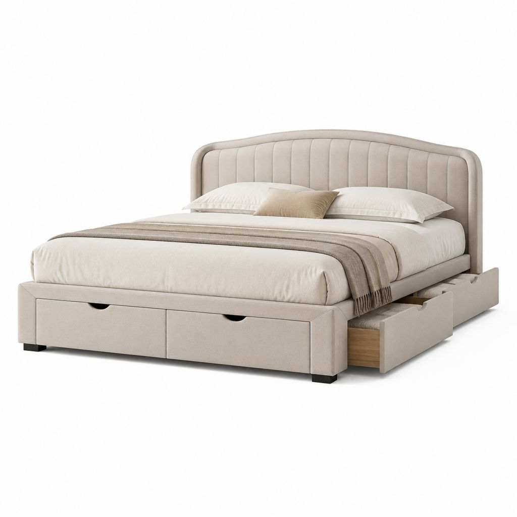 Letto contenitore matrimoniale beige in poliestere con 4 cassetti 160 x 200 cm