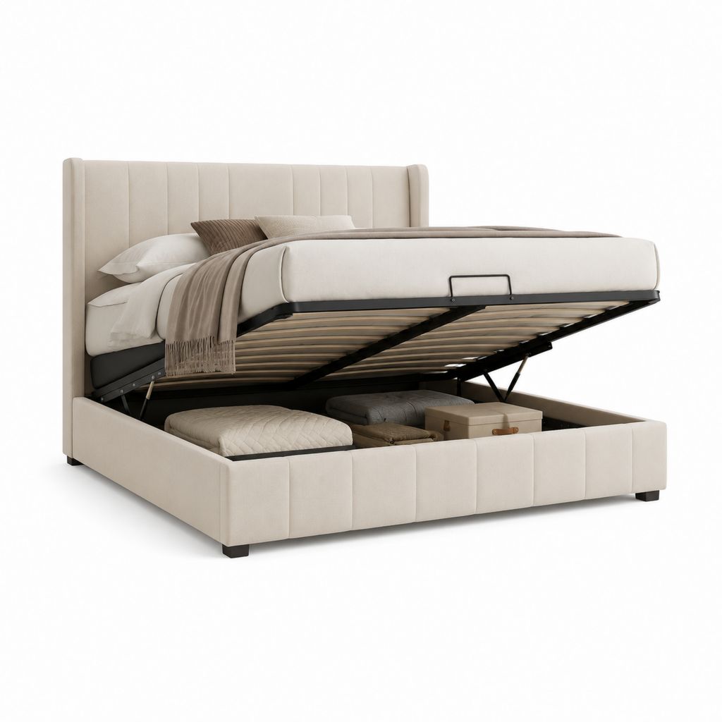 Letto contenitore matrimoniale beige in poliestere con testiera imbottita 160 x 200 cm