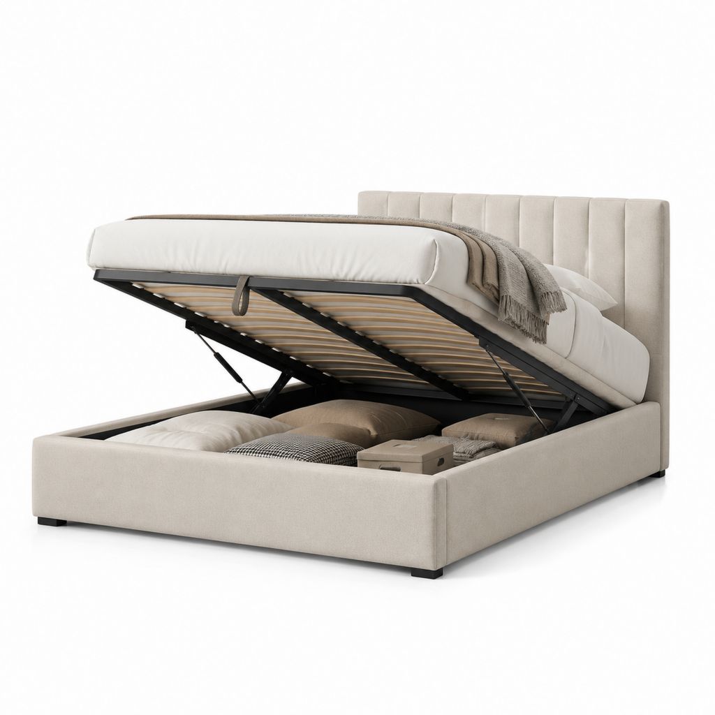 Letto contenitore matrimoniale beige in poliestere con testiera imbottita 160 x 200 cm