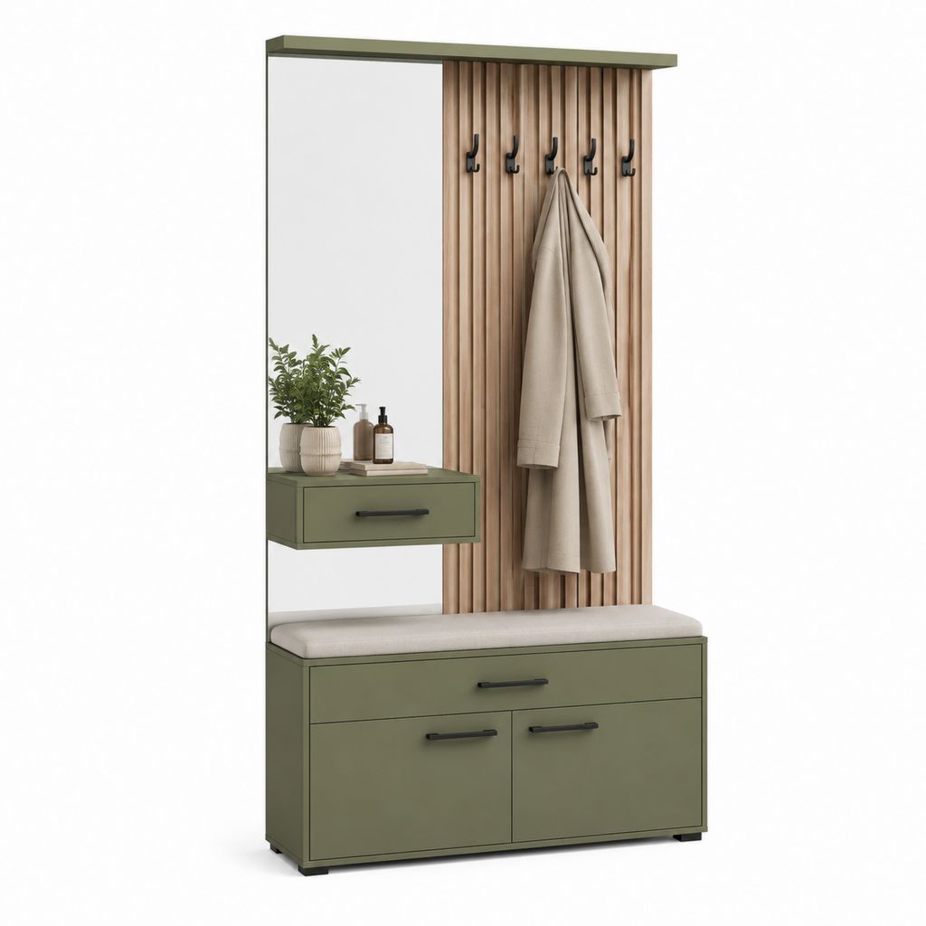 Mobile da ingresso rettangolare con specchio appendiabiti e scarpiera verde oliva in pannello truciolare 100 x 35 x 190 cm