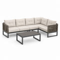 Set divano angolare da giardino 5 posti grigio e crema in alluminio con corda e tavolino 285 x 215 cm
