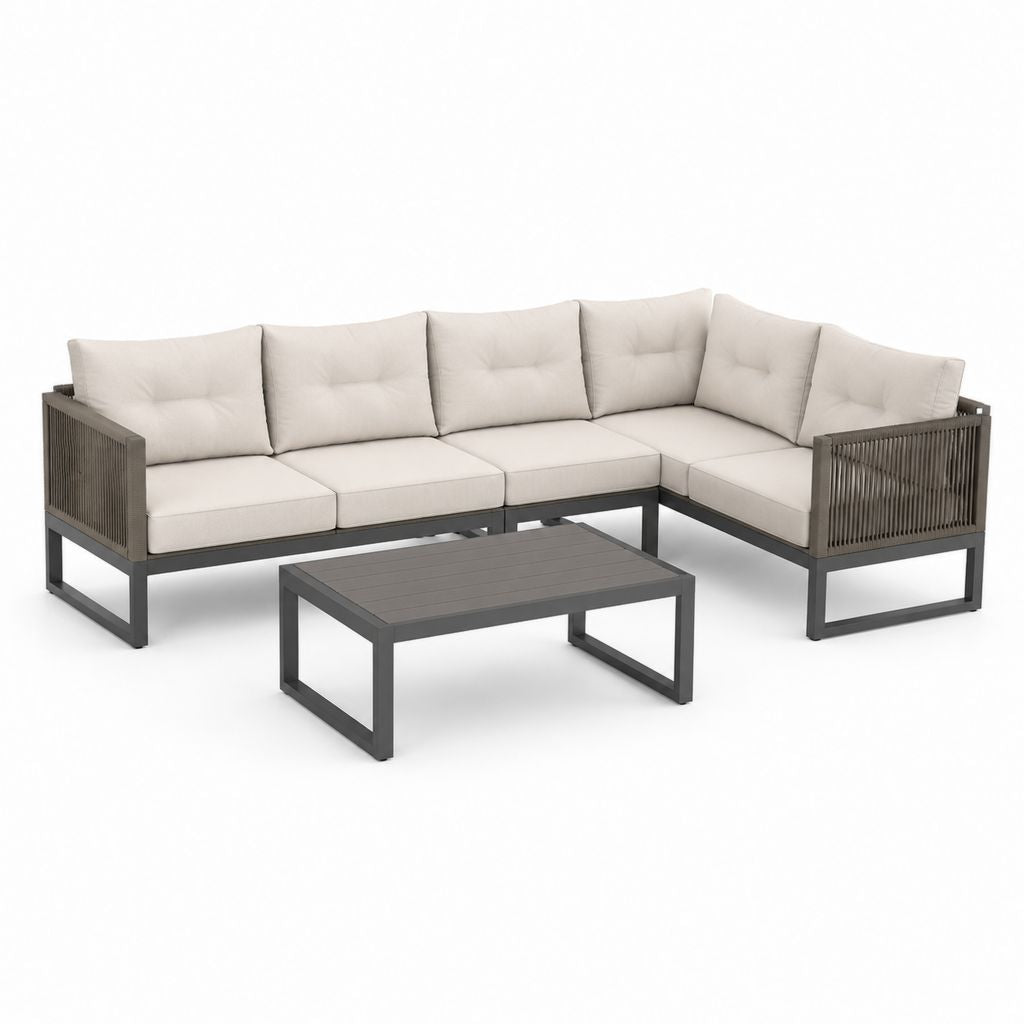 Set divano angolare da giardino 5 posti grigio e crema in alluminio con corda e tavolino 285 x 215 cm