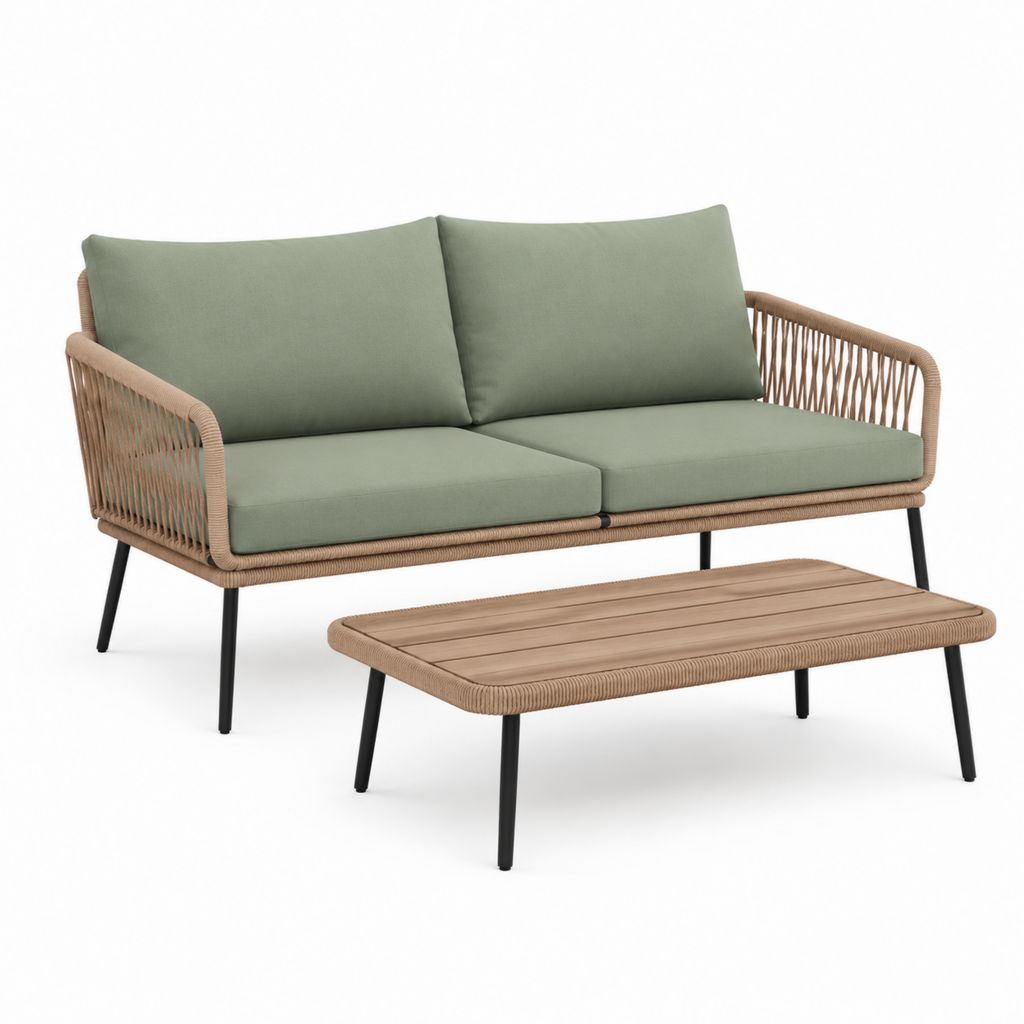 Set divano da giardino 2 posti con tavolino verde salvia beige e nero in acciaio e polietilene 145 x 75 x 78 cm