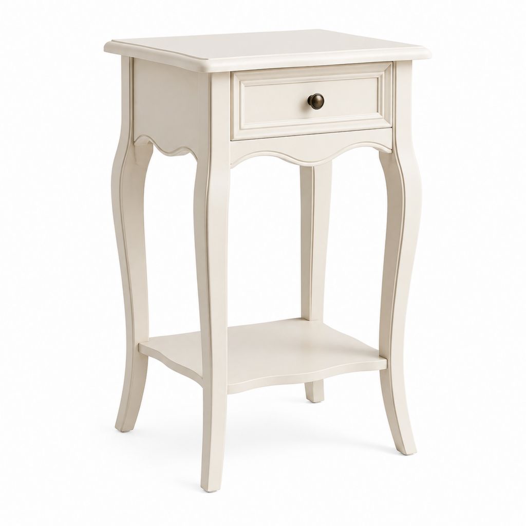 Tavolino laterale con cassetto avorio in legno massello e MDF rettangolare 40 x 35 x 70 cm